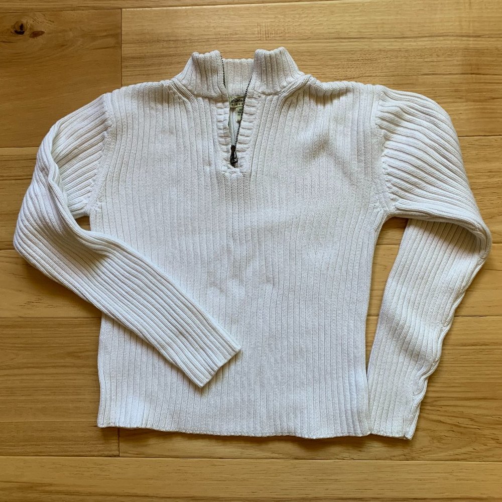 Eddie Bauer White Ribbed Sweater with Zipper V-Neck, Size Medium